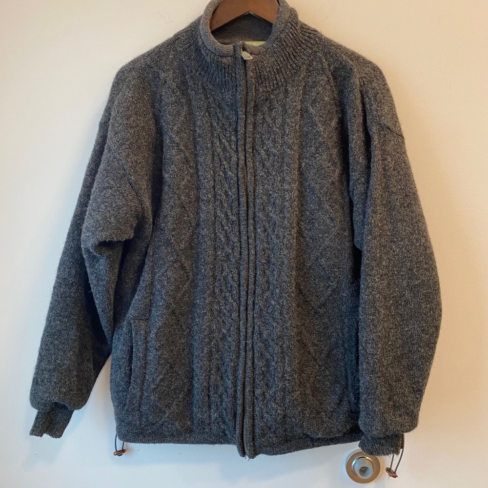Aran Woollen Mills Sweater Mens Small Gray Full Zip Cable Knit Wool Cotton Lined